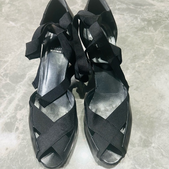 Stuart Weitzman Black Leather Peep-Toe Strappy Lace-Up Heels, Size 8B - Picture 1 of 9